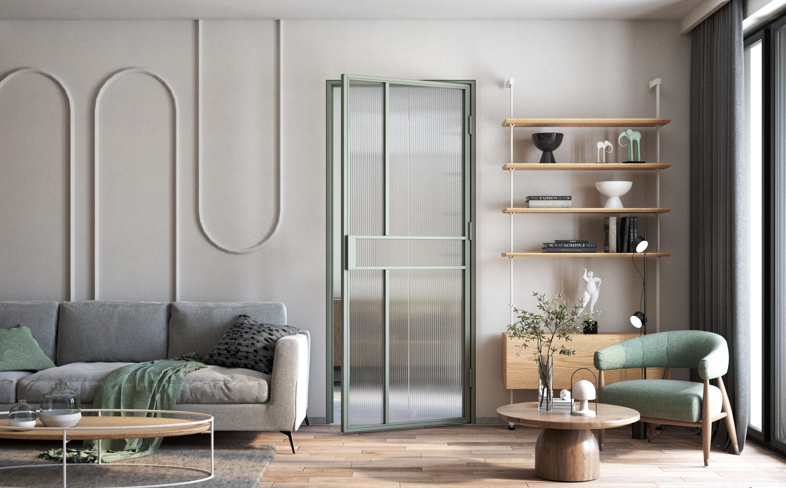 Ambient living cu ușă de interior din oțel cu sticlă model Galio de la Pol-Skone