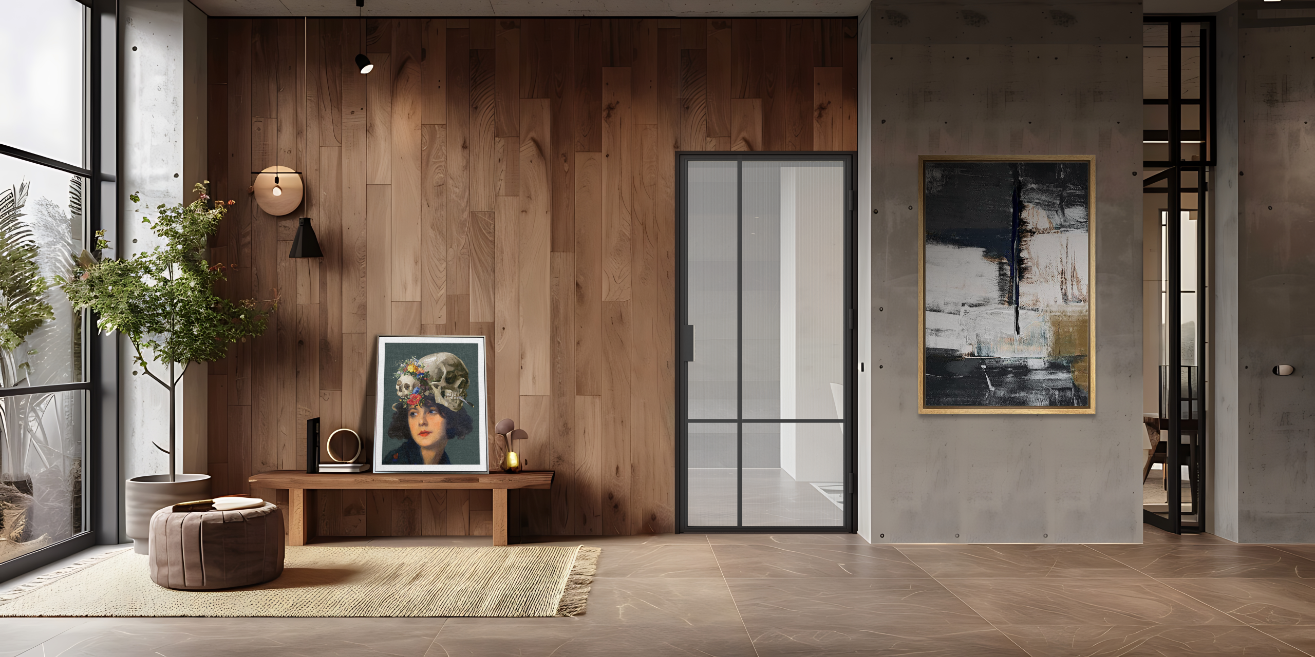 Ambient design interior living cu ușă de interior din oțel cu sticlă model LUMO Pol-Skone